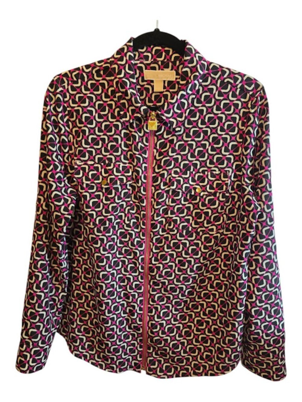 Cardigan jacket zip up Michael Kors geometric size large roll tab sleeves